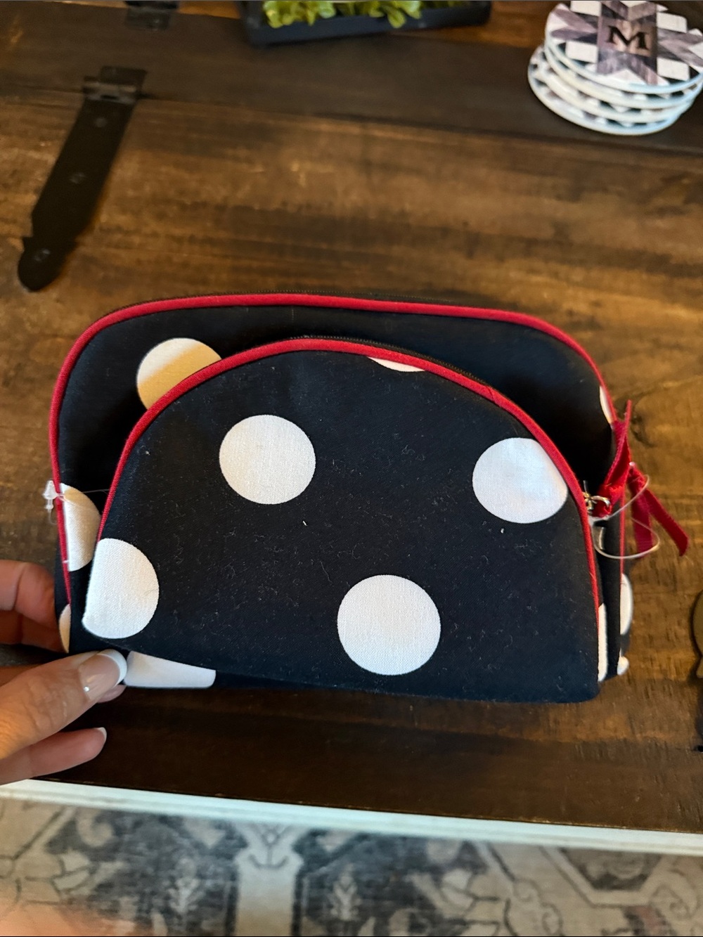 Kids Polka Dot Black and White Cosmetic Pouch with Red Trim